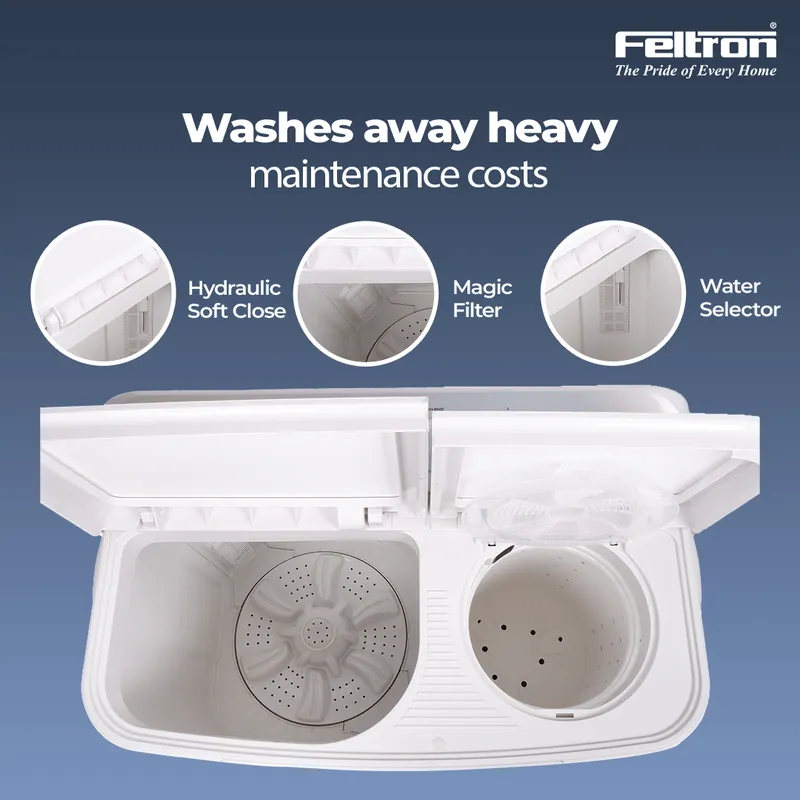 Feltron 9 kg Semi Automatic Top Load Washing Machine White, Blue Glass Soft Close Lid (FIPL90SWM) — image 3