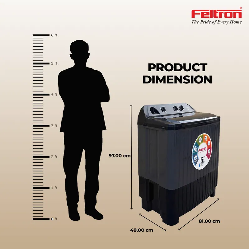 Feltron 8 kg Semi Automatic Top Load Washing Machine Grey, Black Plastic Lid (FIPL80SWMPB) — image 7