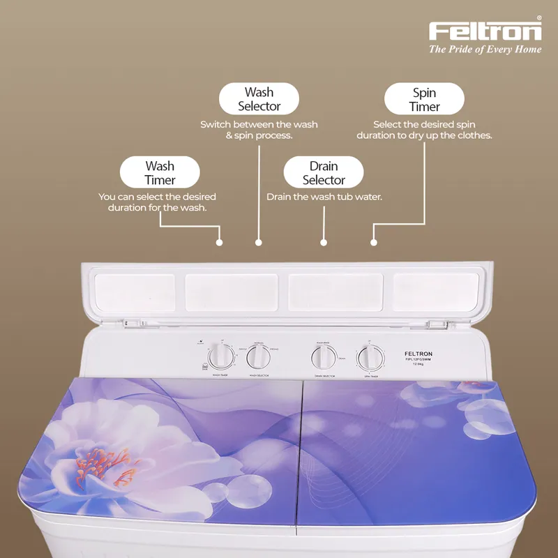 Feltron 12 kg Semi Automatic Top Load Washing Machine White,Purple Full Glass Soft Close Lid (FIPL12FGSWM) — image 4