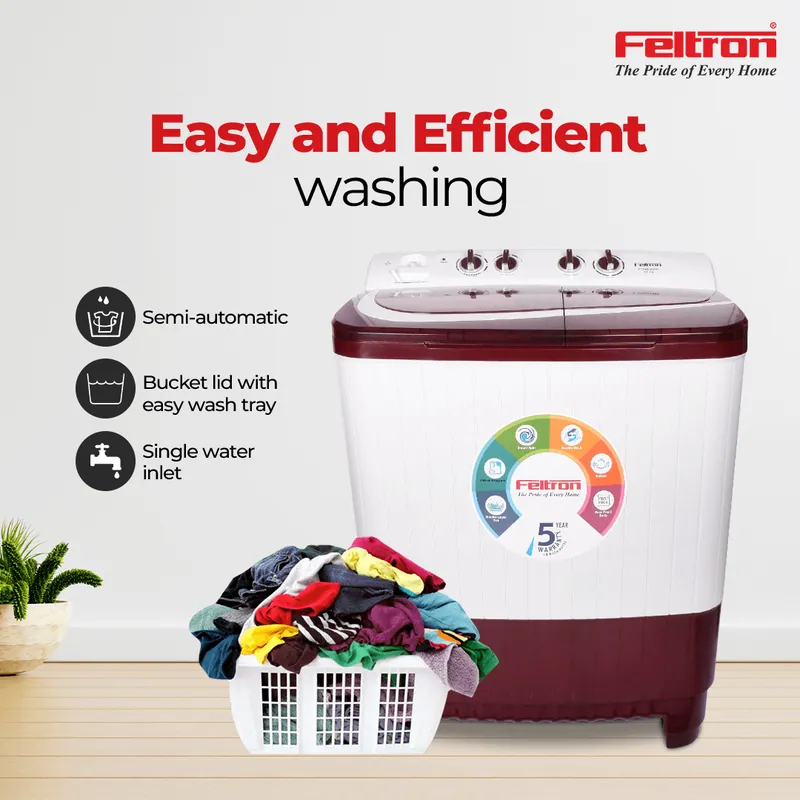 Feltron 8.5 kg Semi Automatic Top Load Washing Machine White,Maroon Plastic Lid (FIPL85SWM) — image 1