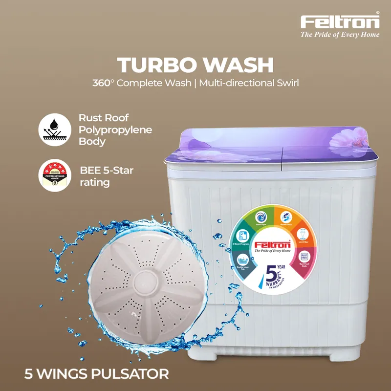 Feltron 12 kg Semi Automatic Top Load Washing Machine White,Purple Full Glass Soft Close Lid (FIPL12FGSWM) — image 2