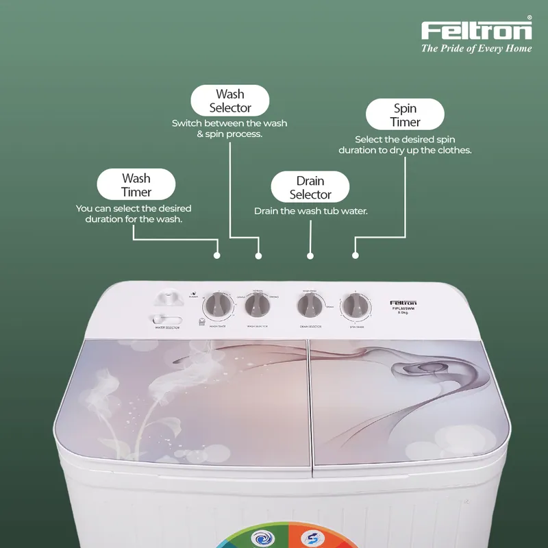 Feltron 8 kg Semi Automatic Top Load Washing Machine White,Grey Glass Lid (FIPL80SWM) — image 4