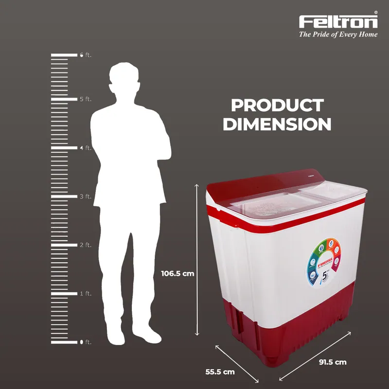 Feltron 12 kg Semi Automatic Top Load Washing Machine White,Red Transparent Full Glass Soft Close Lid (FIPL12FTGSWM) — image 7