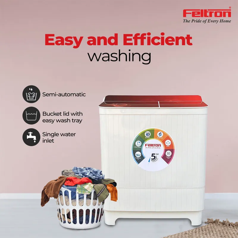 Feltron 7.5 Kg Semi Automatic Top Load Washing Machine White,Red Plastic Lid (FIPL75FGSWM) — image 1