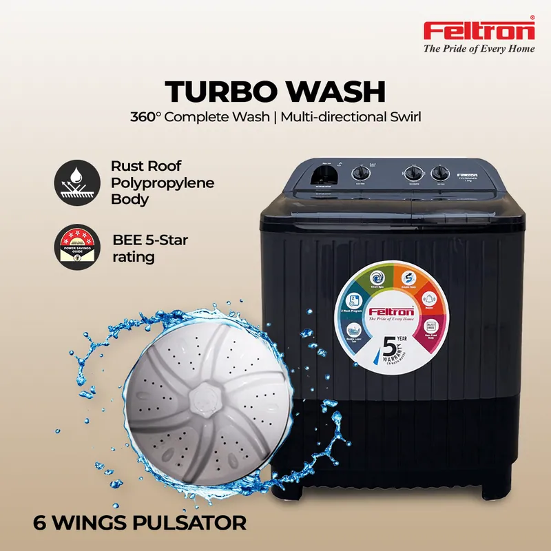 Feltron 8 kg Semi Automatic Top Load Washing Machine Grey, Black Plastic Lid (FIPL80SWMPB) — image 2