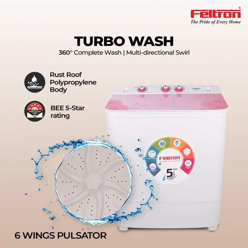 Feltron 7.2 kg Semi Automatic Top Load Washing Machine White, Pink Glass Lid (FIPL72SWM) — image 2