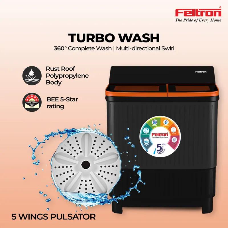 Feltron 8 kg Semi Automatic Top Load Washing Machine Black Full Glass Lid (FIPL80FTGSWM) — image 2