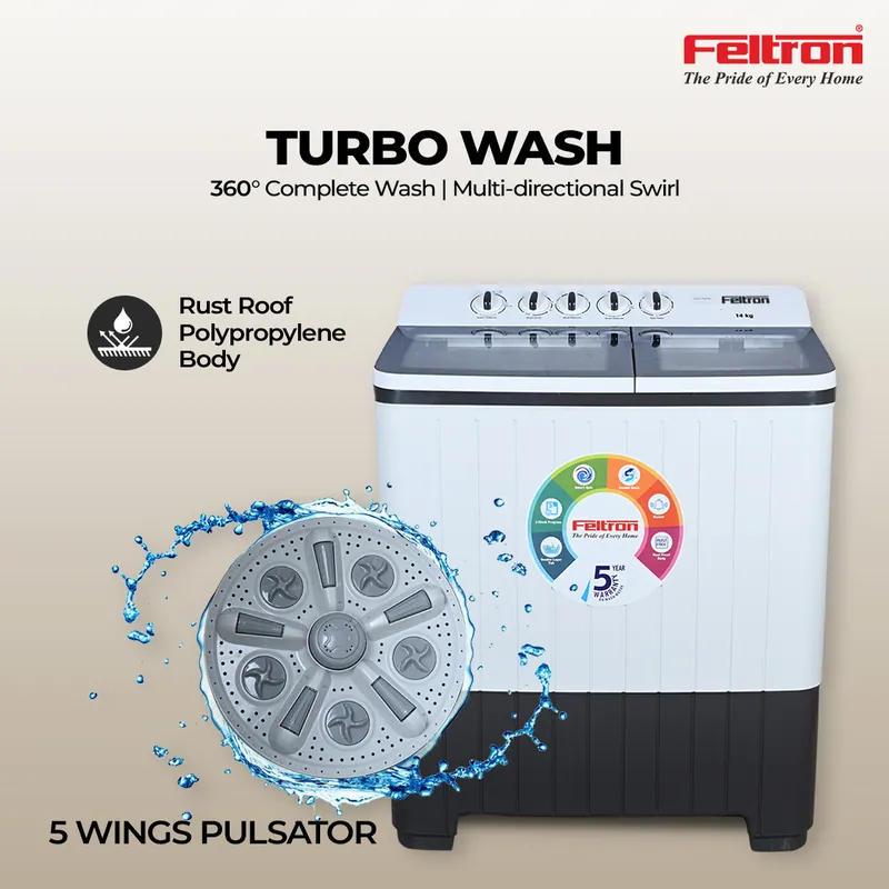 Feltron 14 kg Semi Automatic Top Load Washing Machine White,Grey Transparent Glass Soft Close Lid (FIPL14TGSWM) — image 2