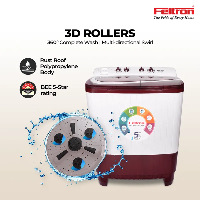 Feltron 8.5 kg Semi Automatic Top Load Washing Machine White,Maroon Plastic Lid (FIPL85SWM) — image 2