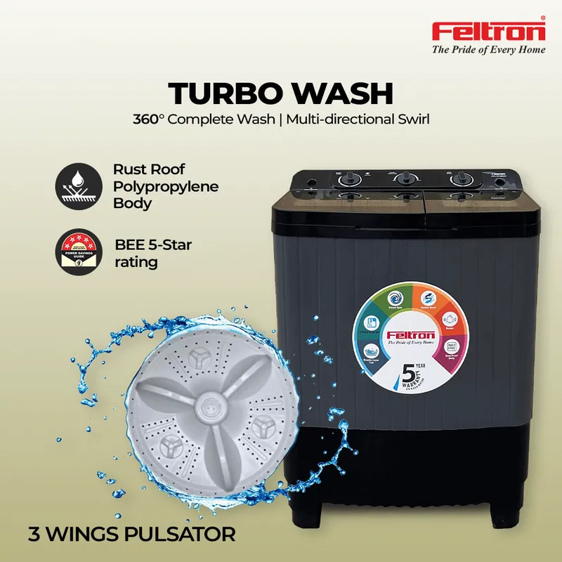 Feltron 7.5 kg Semi Automatic Top Load Washing Machine Grey, Black Transparent Glass Lid (FIPL75TGSWM) — image 2