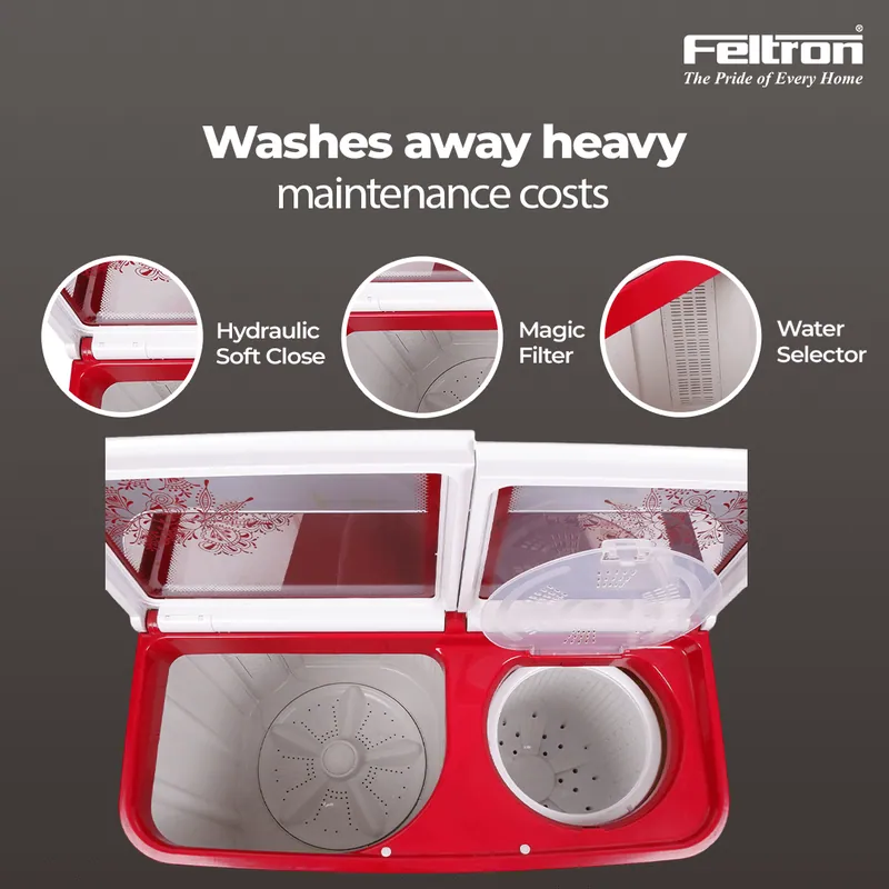 Feltron 12 kg Semi Automatic Top Load Washing Machine White,Red Transparent Full Glass Soft Close Lid (FIPL12FTGSWM) — image 3